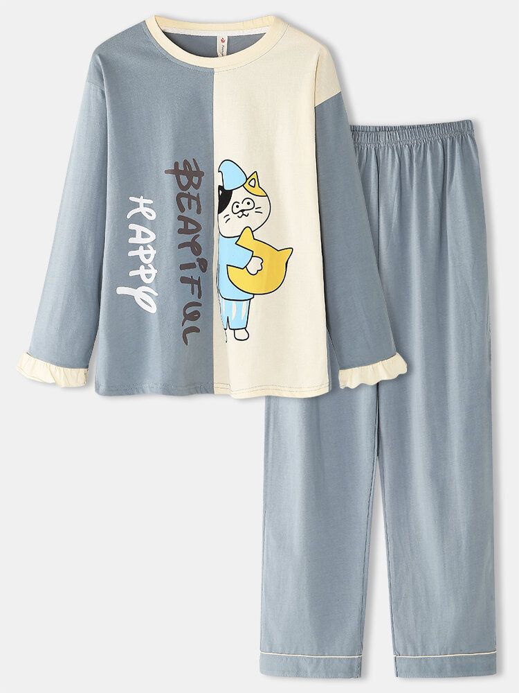 Frauen-karikatur-katzen-druck-zweifarbige Patchwork-elastische Taillen-taschen-hosen-haus-pyjama-set