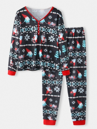 Frauen-karikatur-weihnachtsmann-aufdruck Mit V-ausschnitt Langarm-pullover Lockere Joggerhose Weihnachtshaus-pyjama-set