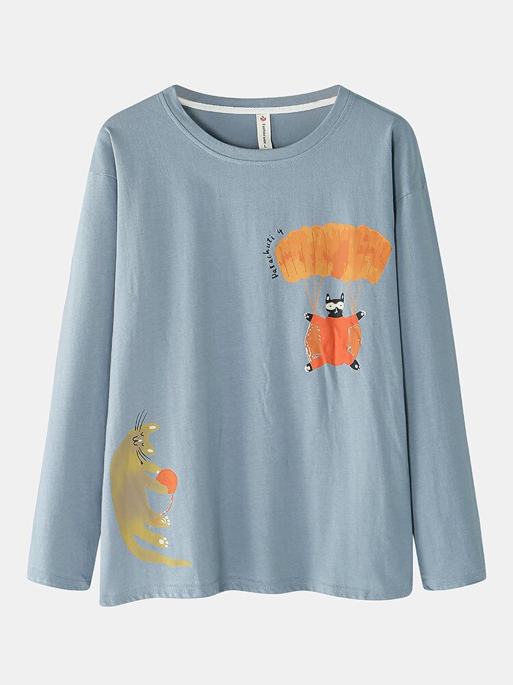 Frauen-lustiger Karikatur-katzen-druck-rundhals-pullover-elastische Taillen-hausbaumwollpyjama-satz