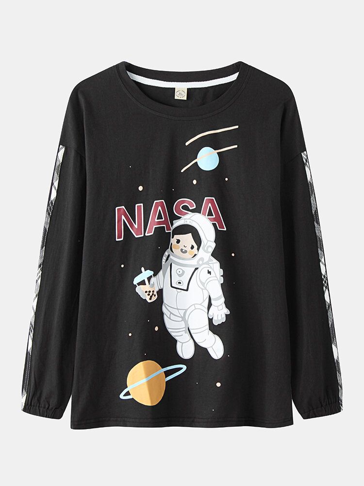 Frauen-mädchen-astronauten-druck-rundhals-baumwollbündchen-pyjama-sets Mit Karierten Hosen