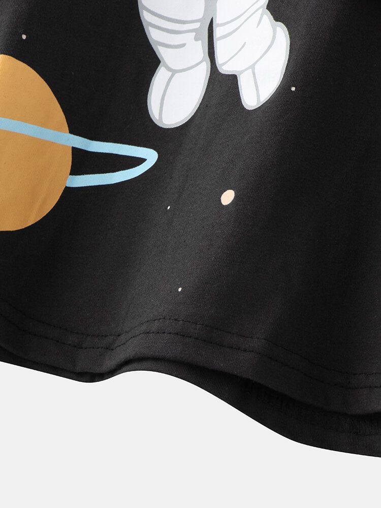 Frauen-mädchen-astronauten-druck-rundhals-baumwollbündchen-pyjama-sets Mit Karierten Hosen