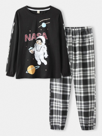 Frauen-mädchen-astronauten-druck-rundhals-baumwollbündchen-pyjama-sets Mit Karierten Hosen