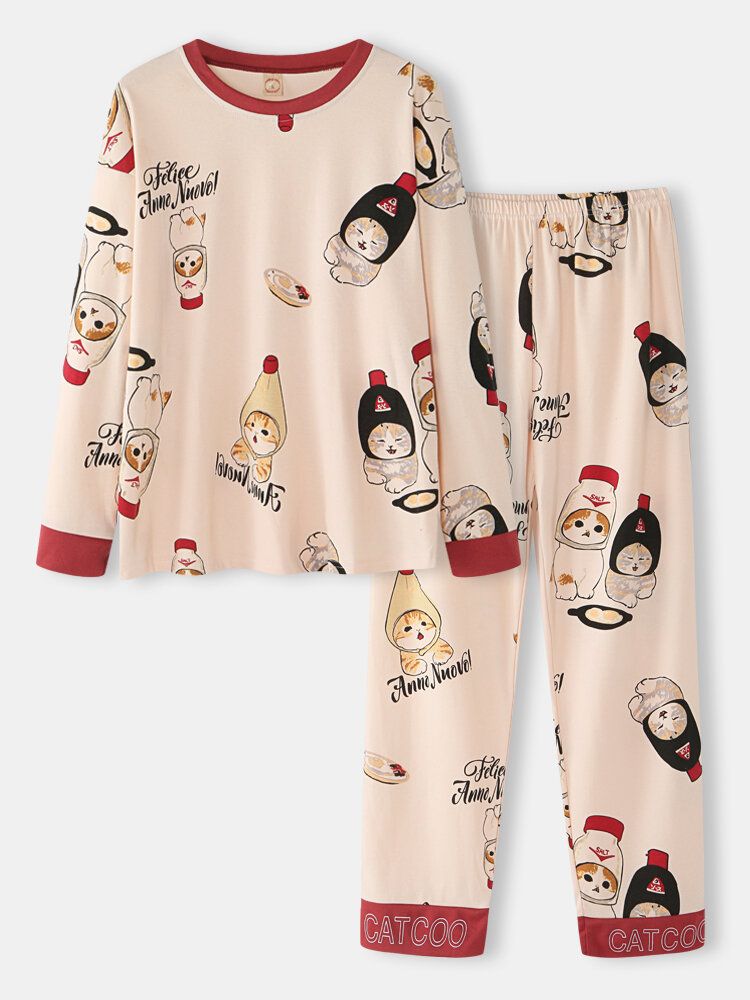 Frauen-nette Karikatur-katzen-druck-oansatz-baumwolllangarm-lose Hauptpyjama-sets