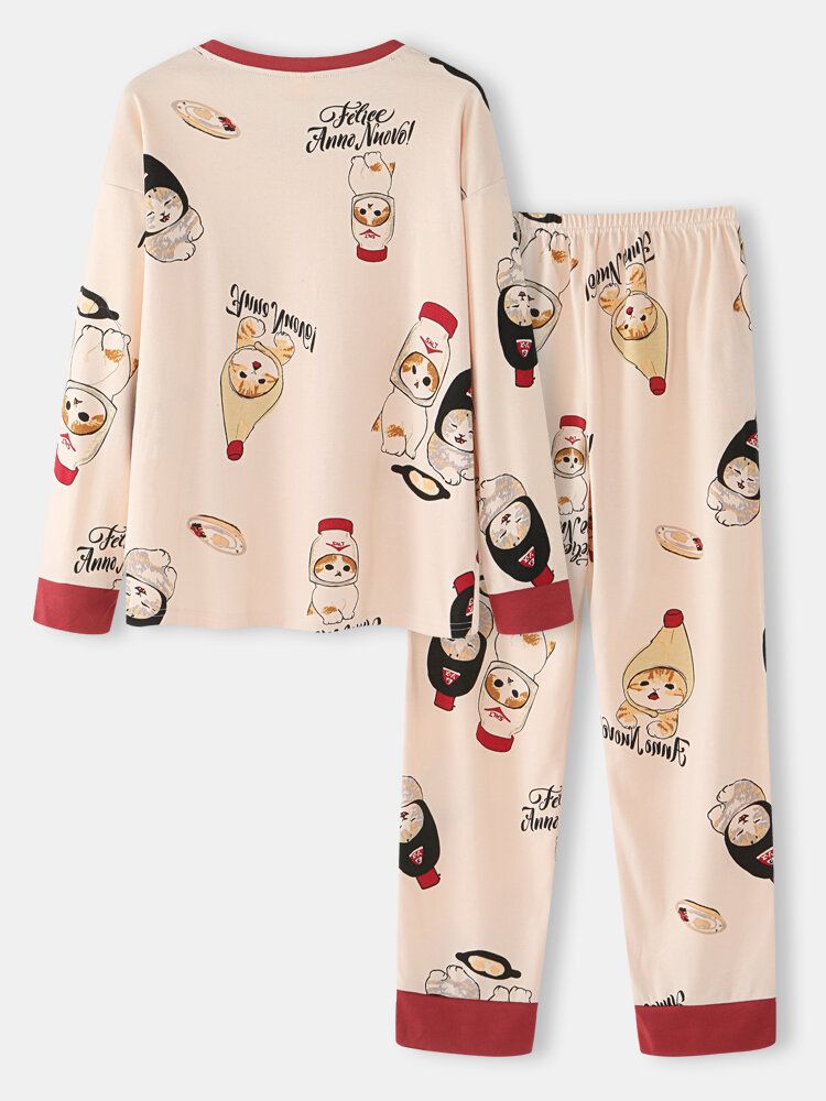 Frauen-nette Karikatur-katzen-druck-oansatz-baumwolllangarm-lose Hauptpyjama-sets