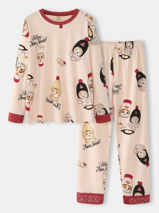 Frauen-nette Karikatur-katzen-druck-oansatz-baumwolllangarm-lose Hauptpyjama-sets