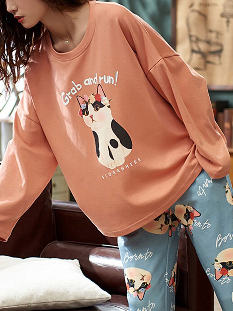 Frauen-nettes Katzen-muster-buchstaben-druck-langarm-pullover-lose Hosen-ausgangszweiteiliges Pyjama-set