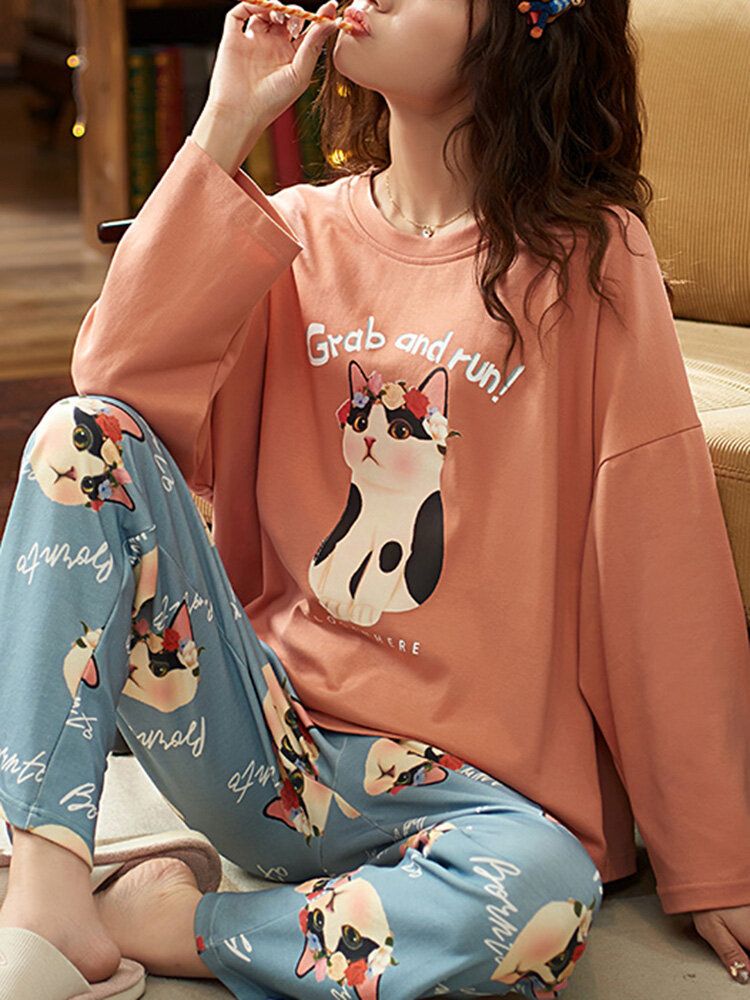 Frauen-nettes Katzen-muster-buchstaben-druck-langarm-pullover-lose Hosen-ausgangszweiteiliges Pyjama-set