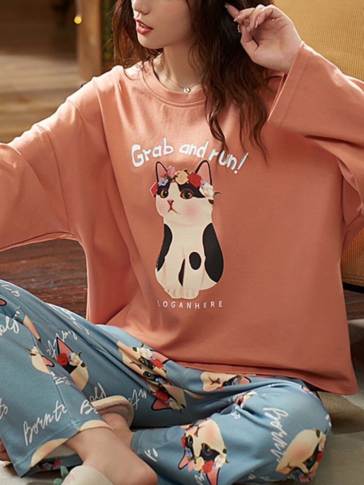 Frauen-nettes Katzen-muster-buchstaben-druck-langarm-pullover-lose Hosen-ausgangszweiteiliges Pyjama-set