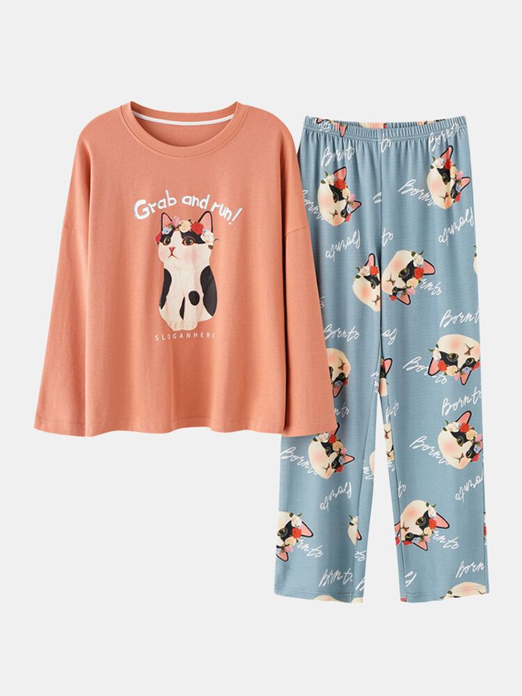 Frauen-nettes Katzen-muster-buchstaben-druck-langarm-pullover-lose Hosen-ausgangszweiteiliges Pyjama-set