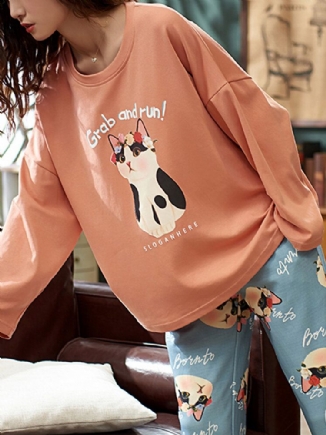 Frauen-nettes Katzen-muster-buchstaben-druck-langarm-pullover-lose Hosen-ausgangszweiteiliges Pyjama-set