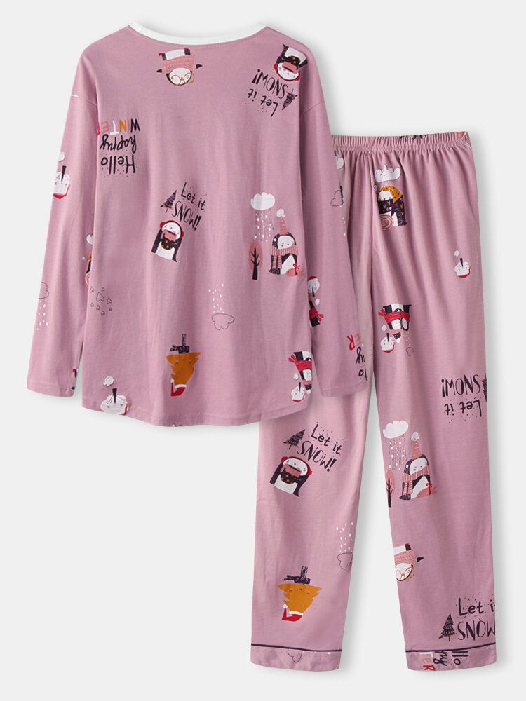 Frauen-niedlicher Karikatur-muster-druck O-ansatz Zweiteilige Lose Hauptpyjama-sets