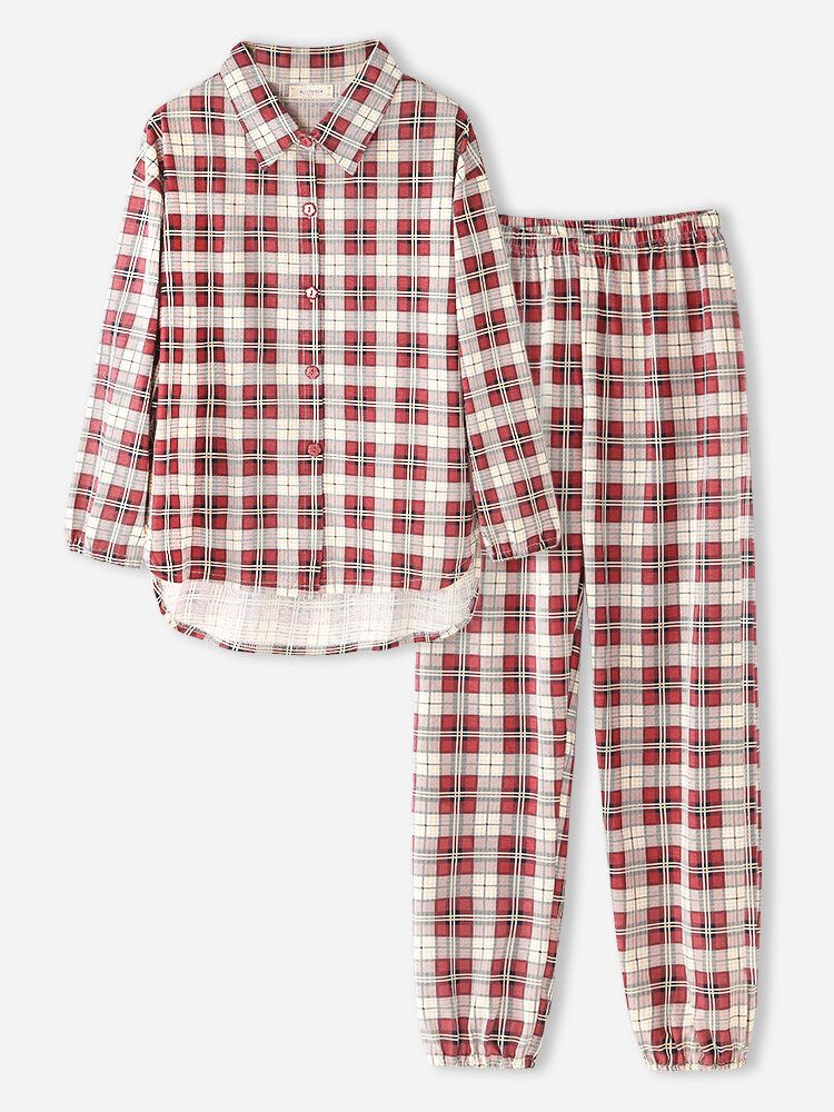 Frauen Plaid Print Revers High-low Saum Shirt Elastische Taille Hose Home Pyjama Set