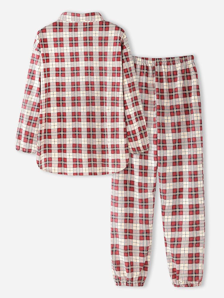 Frauen Plaid Print Revers High-low Saum Shirt Elastische Taille Hose Home Pyjama Set