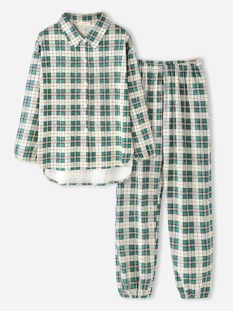 Frauen Plaid Print Revers High-low Saum Shirt Elastische Taille Hose Home Pyjama Set