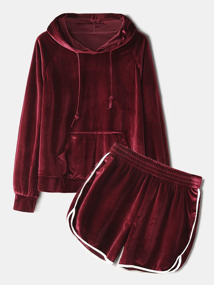 Frauen Plus Size Solid Velvet Känguru-taschen-hoodie Loose Shorts Home Lässige Pyjama-set