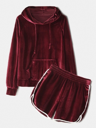 Frauen Plus Size Solid Velvet Känguru-taschen-hoodie Loose Shorts Home Lässige Pyjama-set