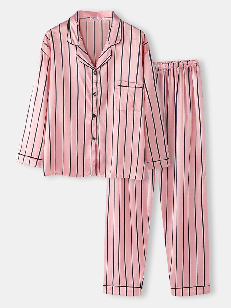 Frauen-rosa-streifen-druck-lager-kragen-lange Hülsen-ausgangs-beiläufige Kunstseiden-pyjama-sets