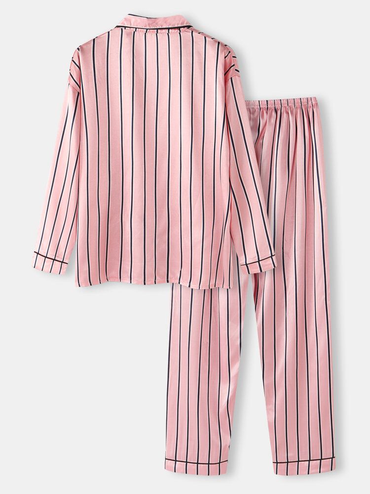 Frauen-rosa-streifen-druck-lager-kragen-lange Hülsen-ausgangs-beiläufige Kunstseiden-pyjama-sets