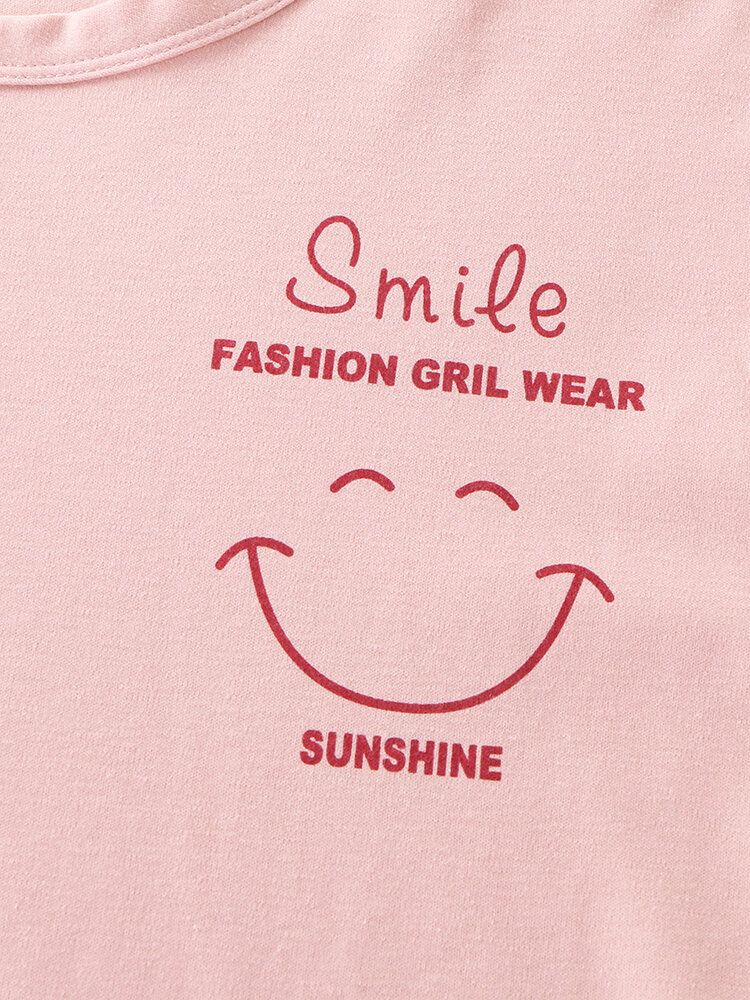 Frauen Smile Face Print Drop Shoulder Striped Cuff Cotton Pullover Pyjama Sets