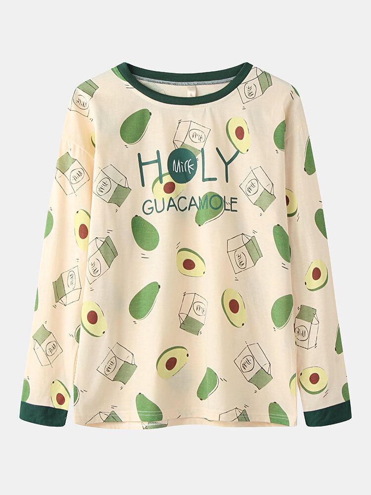 Frauen Süße Avocado-print O-ausschnitt Baumwolle Langarm Lose Zweiteilige Lounge Home Pyjama Sets