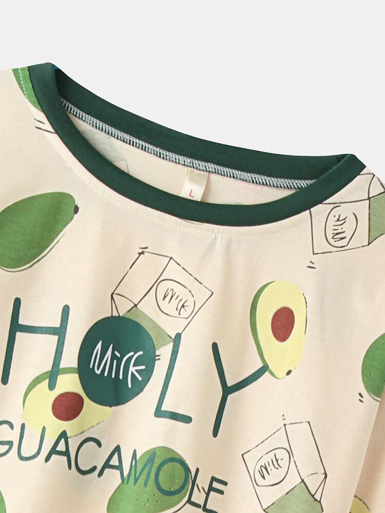 Frauen Süße Avocado-print O-ausschnitt Baumwolle Langarm Lose Zweiteilige Lounge Home Pyjama Sets