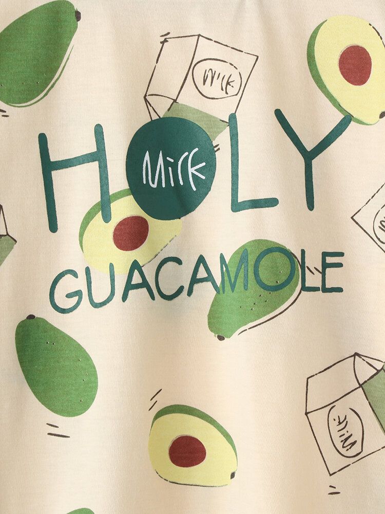 Frauen Süße Avocado-print O-ausschnitt Baumwolle Langarm Lose Zweiteilige Lounge Home Pyjama Sets