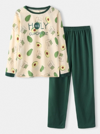 Frauen Süße Avocado-print O-ausschnitt Baumwolle Langarm Lose Zweiteilige Lounge Home Pyjama Sets