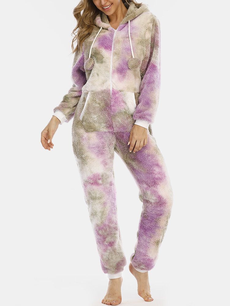 Frauen Tie Dye Fluffy Plüsch Reißverschluss Vorne Kängurutasche Home Jumpsuits