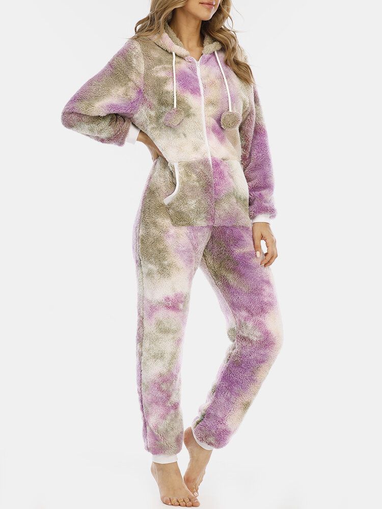 Frauen Tie Dye Fluffy Plüsch Reißverschluss Vorne Kängurutasche Home Jumpsuits