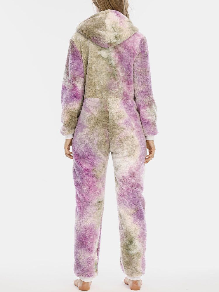 Frauen Tie Dye Fluffy Plüsch Reißverschluss Vorne Kängurutasche Home Jumpsuits