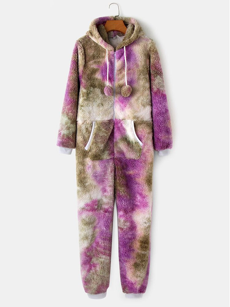 Frauen Tie Dye Fluffy Plüsch Reißverschluss Vorne Kängurutasche Home Jumpsuits