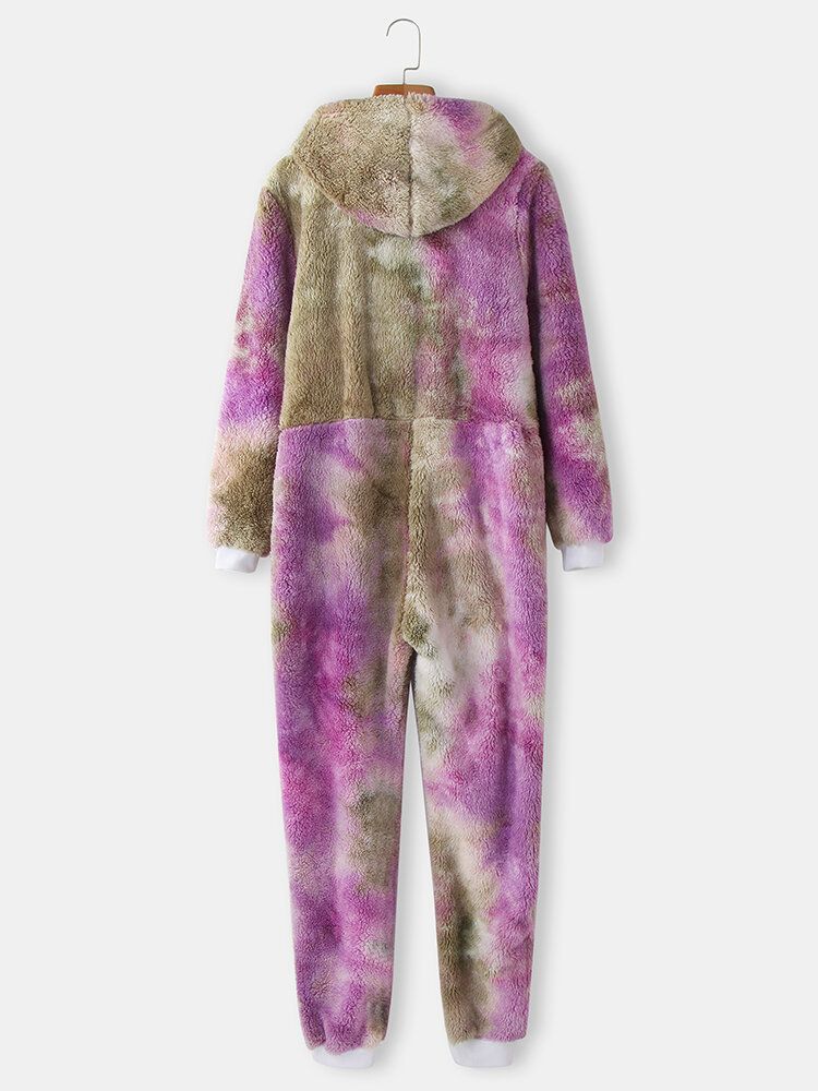 Frauen Tie Dye Fluffy Plüsch Reißverschluss Vorne Kängurutasche Home Jumpsuits