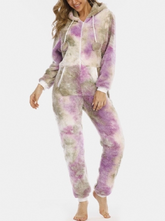 Frauen Tie Dye Fluffy Plüsch Reißverschluss Vorne Kängurutasche Home Jumpsuits