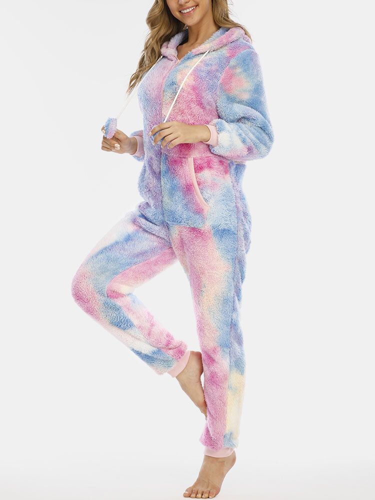 Frauen-tie-dye-taschen-reißverschluss-front-kapuzen-overall Home-nachtwäsche