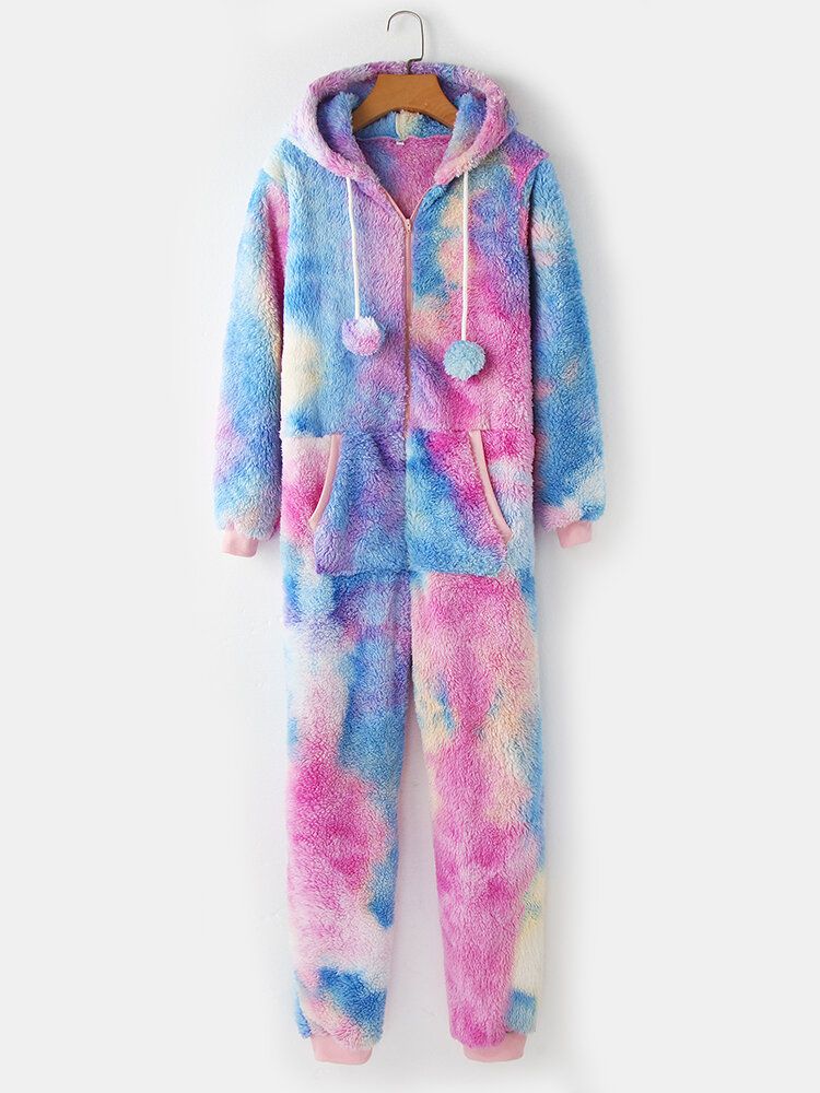 Frauen-tie-dye-taschen-reißverschluss-front-kapuzen-overall Home-nachtwäsche