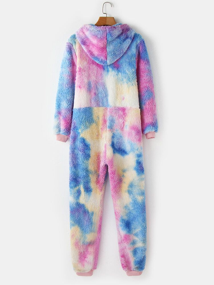 Frauen-tie-dye-taschen-reißverschluss-front-kapuzen-overall Home-nachtwäsche