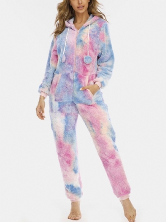 Frauen-tie-dye-taschen-reißverschluss-front-kapuzen-overall Home-nachtwäsche