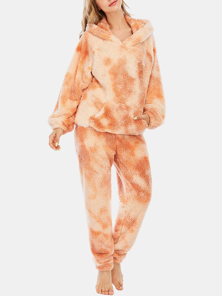 Frauen-tie-dye-weicher Plüsch-langarm-taschen-fleece-hoodie-lose Hosen-haus-pyjama-satz