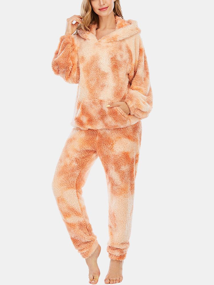 Frauen-tie-dye-weicher Plüsch-langarm-taschen-fleece-hoodie-lose Hosen-haus-pyjama-satz