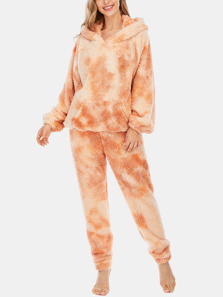 Frauen-tie-dye-weicher Plüsch-langarm-taschen-fleece-hoodie-lose Hosen-haus-pyjama-satz