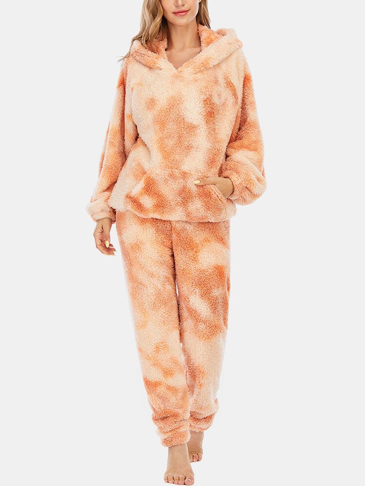 Frauen-tie-dye-weicher Plüsch-langarm-taschen-fleece-hoodie-lose Hosen-haus-pyjama-satz