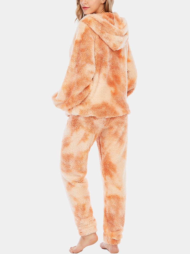 Frauen-tie-dye-weicher Plüsch-langarm-taschen-fleece-hoodie-lose Hosen-haus-pyjama-satz