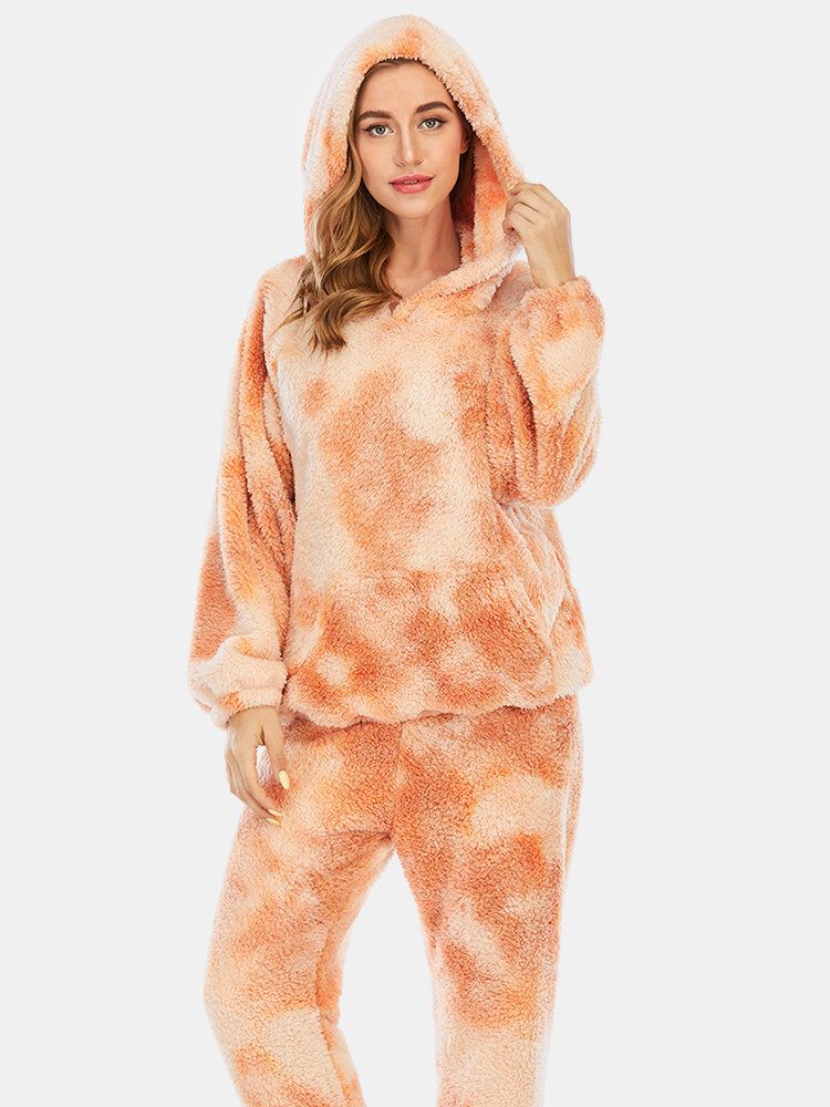 Frauen-tie-dye-weicher Plüsch-langarm-taschen-fleece-hoodie-lose Hosen-haus-pyjama-satz