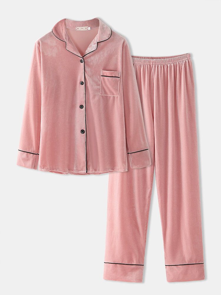 Frauen Übergröße Samt Reversknopf Lose Gerade Hosen Homewear Lounge Solid Pyjama Set