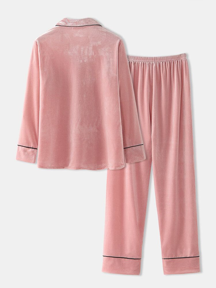 Frauen Übergröße Samt Reversknopf Lose Gerade Hosen Homewear Lounge Solid Pyjama Set