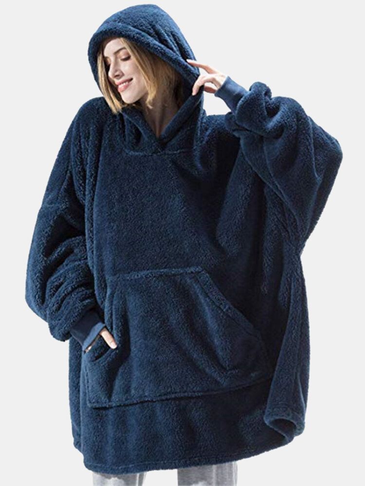 Frauen Übergroße Verdicken Warme Einfarbige Decke Hoodie Plüsch Nachtwäsche Robe Mit Tasche