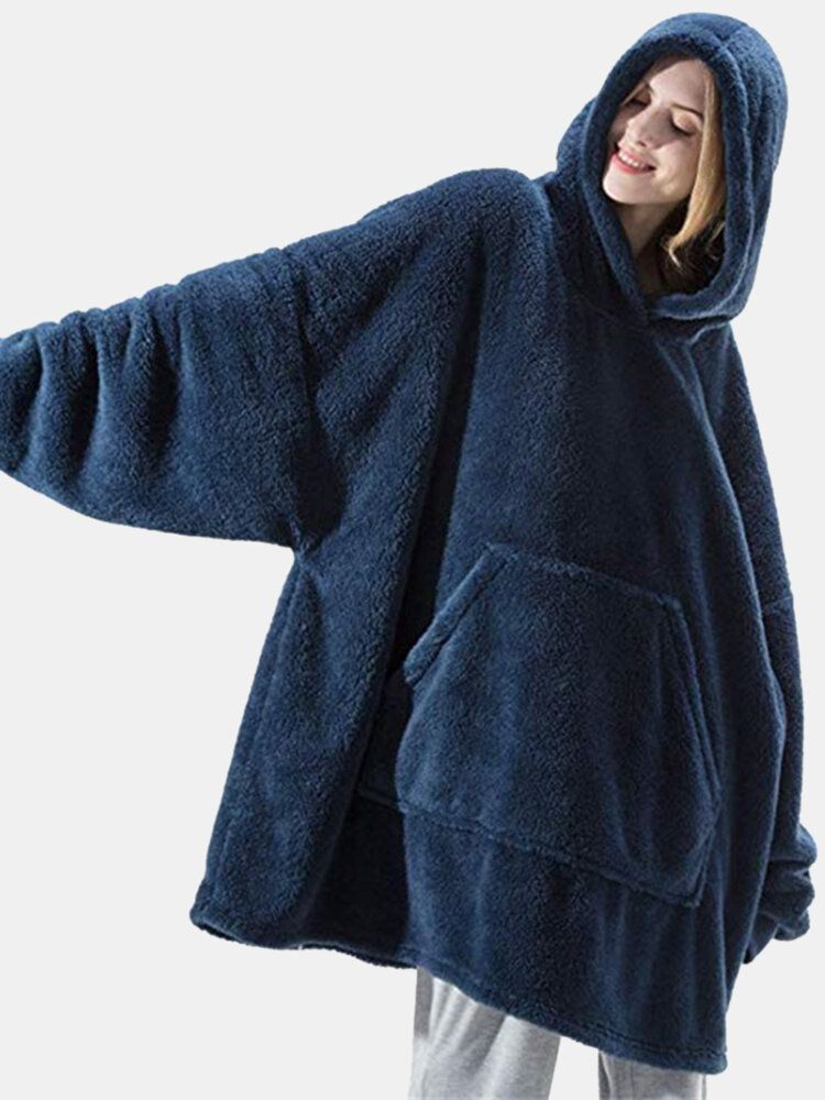 Frauen Übergroße Verdicken Warme Einfarbige Decke Hoodie Plüsch Nachtwäsche Robe Mit Tasche