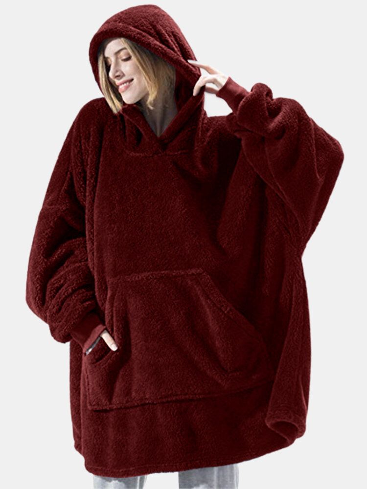 Frauen Übergroße Verdicken Warme Einfarbige Decke Hoodie Plüsch Nachtwäsche Robe Mit Tasche