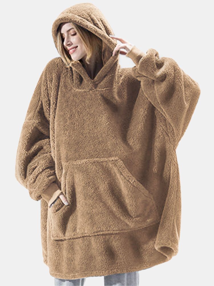 Frauen Übergroße Verdicken Warme Einfarbige Decke Hoodie Plüsch Nachtwäsche Robe Mit Tasche