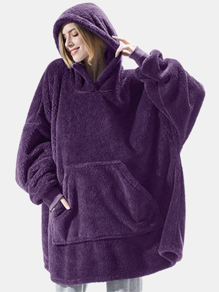 Frauen Übergroße Verdicken Warme Einfarbige Decke Hoodie Plüsch Nachtwäsche Robe Mit Tasche